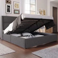 Redom Lit 160x200 cm avec rangement hydraulique et tête de lit réglable, revêtement lin gris et cadre métal* Lit Avec Rangement