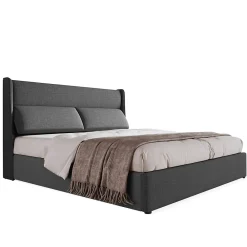 Redom Lit 160x200 cm avec rangement hydraulique et tête de lit réglable, revêtement lin gris et cadre métal* Lit Avec Rangement