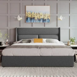 Redom Lit 160x200 cm avec rangement hydraulique et tête de lit réglable, revêtement lin gris et cadre métal* Lit Avec Rangement