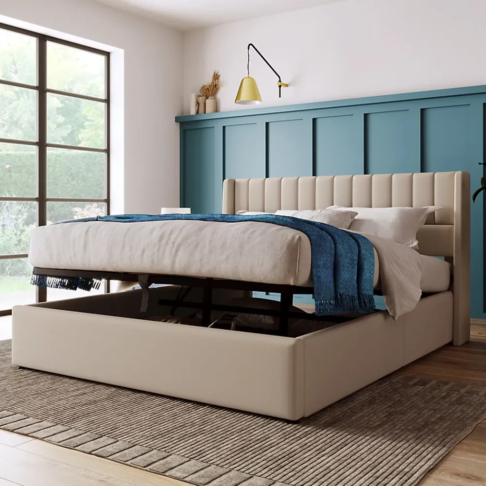 Redom Lit 140x200 cm avec rangement hydraulique et tête de lit rembourrée en lin beige, design moderne et élégant* Lit Avec Rangement
