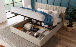 Redom Lit 140x200 cm avec rangement hydraulique et tête de lit rembourrée en lin beige, design moderne et élégant* Lit Avec Rangement