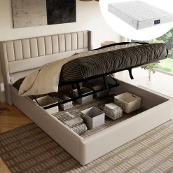 Redom Lit 160x200 cm avec rangement hydraulique, tête de lit rembourrée en lin beige et cadre métal robuste* Lit Avec Rangement