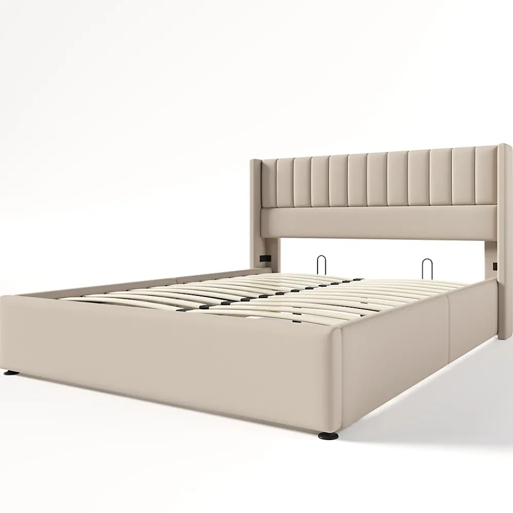 Redom Lit 160x200 cm avec rangement hydraulique, tête de lit rembourrée en lin beige et cadre métal robuste* Lit Avec Rangement