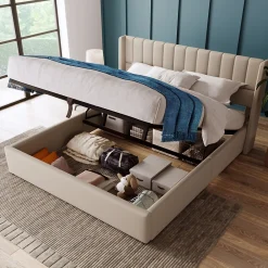 Redom Lit 160x200 cm avec rangement hydraulique, tête de lit rembourrée en lin beige et cadre métal robuste* Lit Avec Rangement