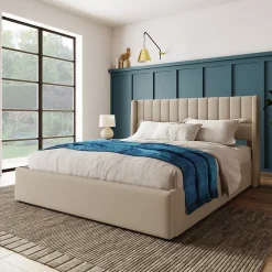 Redom Lit 160x200 cm avec rangement hydraulique, tête de lit rembourrée en lin beige et cadre métal robuste* Lit Avec Rangement