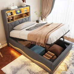 Lit 90x200 cm avec rangement hydraulique et éclairage LED pilotable, tête de lit avec port USB>Redom Clearance