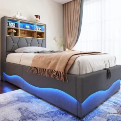 Lit 90x200 cm avec rangement hydraulique et éclairage LED pilotable, tête de lit avec port USB><noscript><img width=