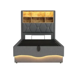 Lit 90x200 cm avec rangement hydraulique et éclairage LED pilotable, tête de lit avec port USB><noscript><img width=