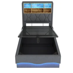 Lit 90x200 cm avec rangement hydraulique et éclairage LED pilotable, tête de lit avec port USB><noscript><img width=