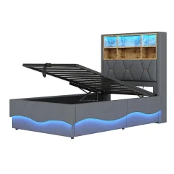Lit 90x200 cm avec rangement hydraulique et éclairage LED pilotable, tête de lit avec port USB><noscript><img width=