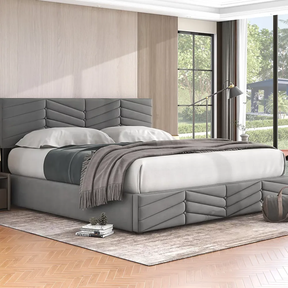 Redom Lit 160x200 cm avec rangement hydraulique, tête de lit réglable et revêtement velours gris élégant* Lit Avec Rangement