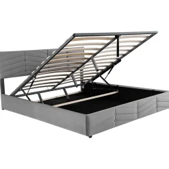 Redom Lit 160x200 cm avec rangement hydraulique, tête de lit réglable et revêtement velours gris élégant* Lit Avec Rangement