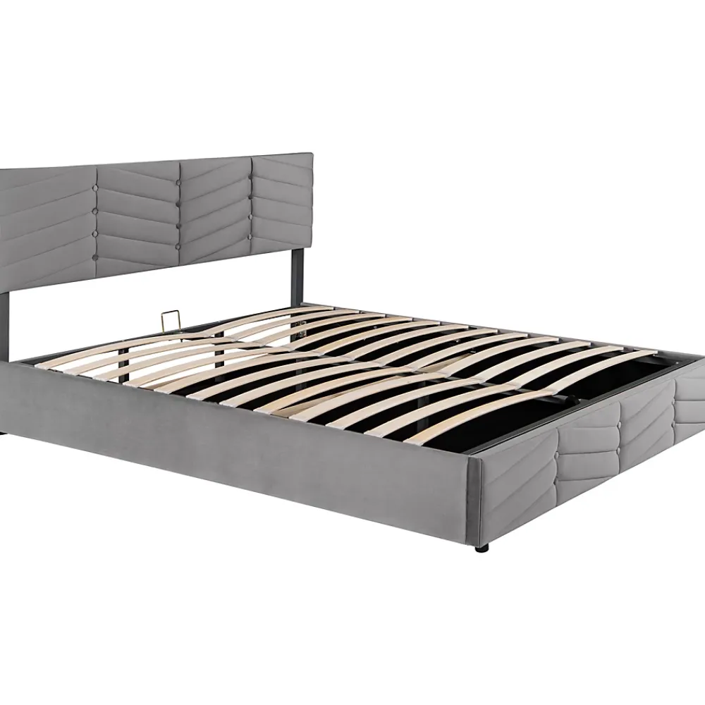 Redom Lit 160x200 cm avec rangement hydraulique, tête de lit réglable et revêtement velours gris élégant* Lit Avec Rangement