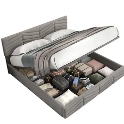 Redom Lit 160x200 cm avec rangement hydraulique, tête de lit réglable et revêtement velours gris élégant* Lit Avec Rangement