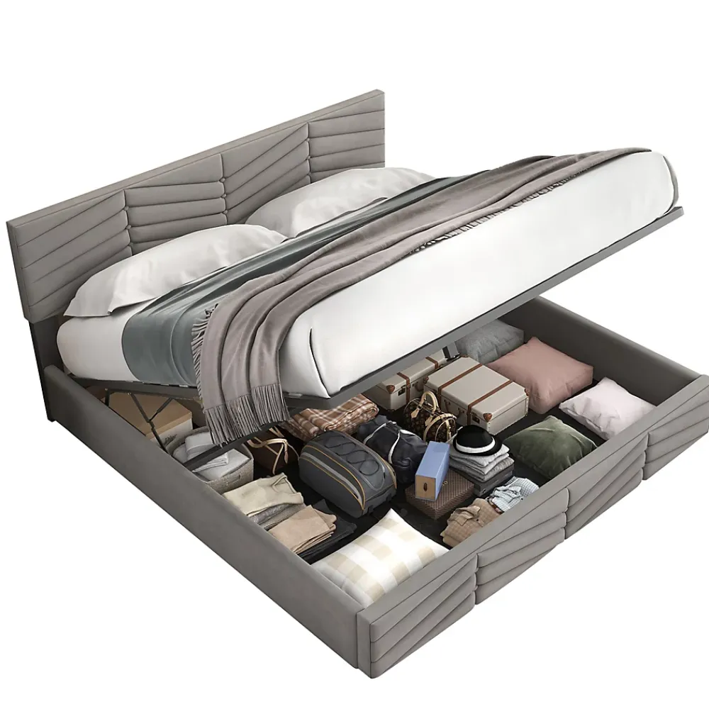 Redom Lit 160x200 cm avec rangement hydraulique, tête de lit réglable et revêtement velours gris élégant* Lit Avec Rangement