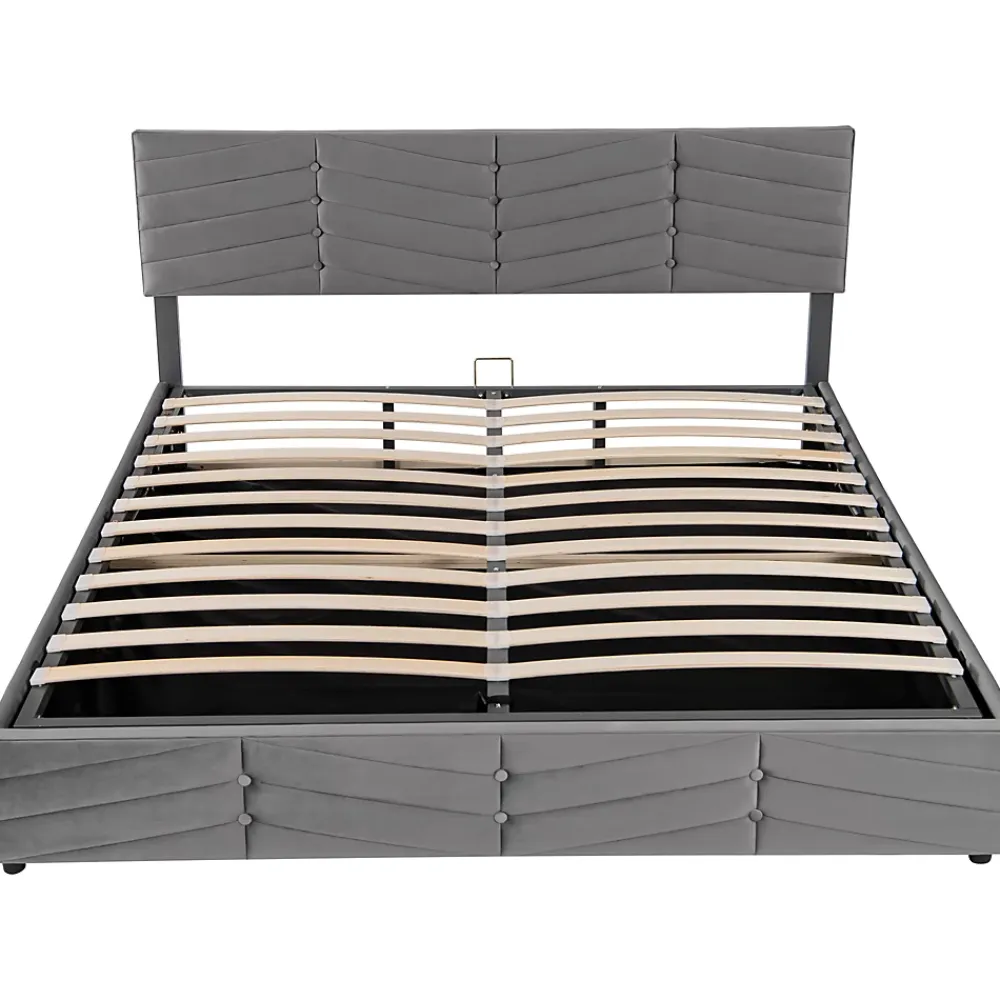 Redom Lit 160x200 cm avec rangement hydraulique, tête de lit réglable et revêtement velours gris élégant* Lit Avec Rangement