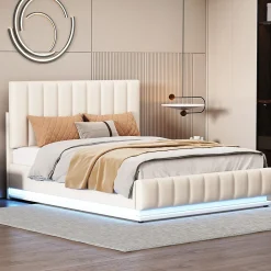 Lit 140x200 cm avec rangement hydraulique et éclairage LED, tapissé similicuir blanc, tête de lit réglable>Redom Outlet