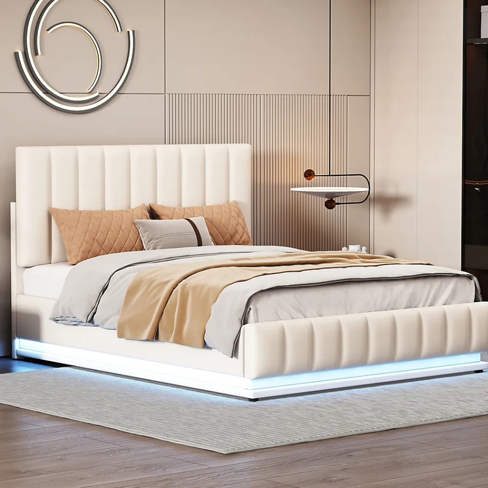 Lit 140x200 cm avec rangement hydraulique et éclairage LED, tapissé similicuir blanc, tête de lit réglable>Redom Outlet