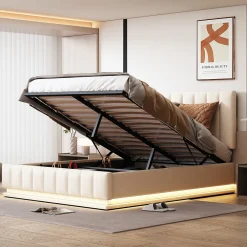 Lit 140x200 cm avec rangement hydraulique et éclairage LED, tapissé similicuir blanc, tête de lit réglable><noscript><img width=