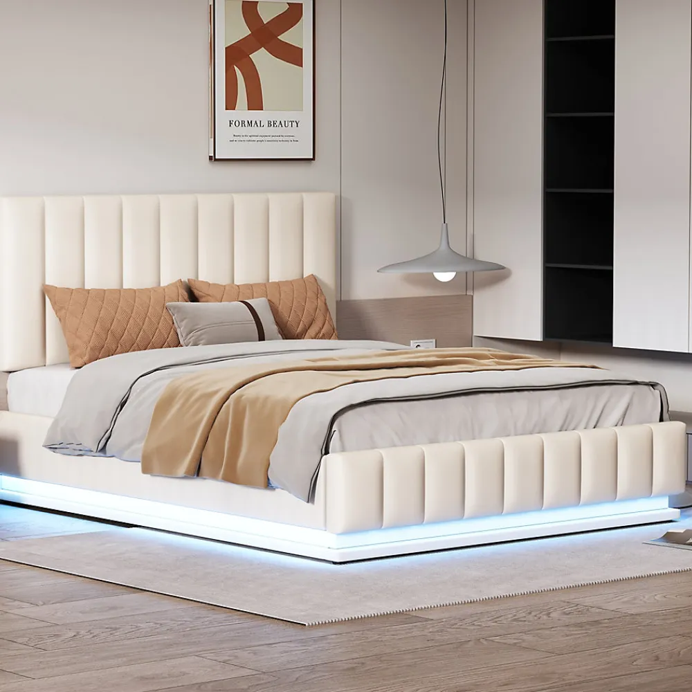 Lit 140x200 cm avec rangement hydraulique et éclairage LED, tapissé similicuir blanc, tête de lit réglable>Redom Outlet