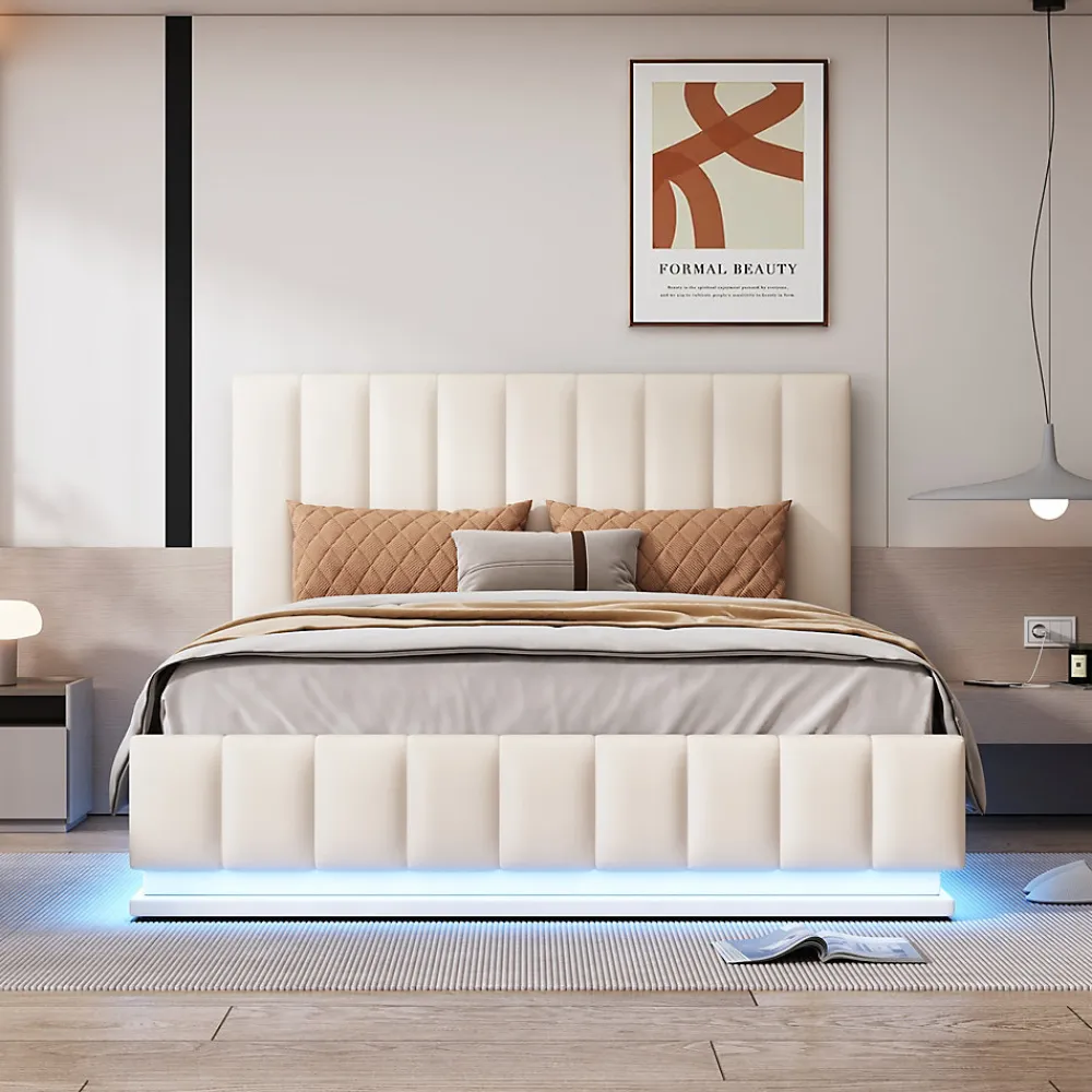 Lit 140x200 cm avec rangement hydraulique et éclairage LED, tapissé similicuir blanc, tête de lit réglable>Redom Outlet