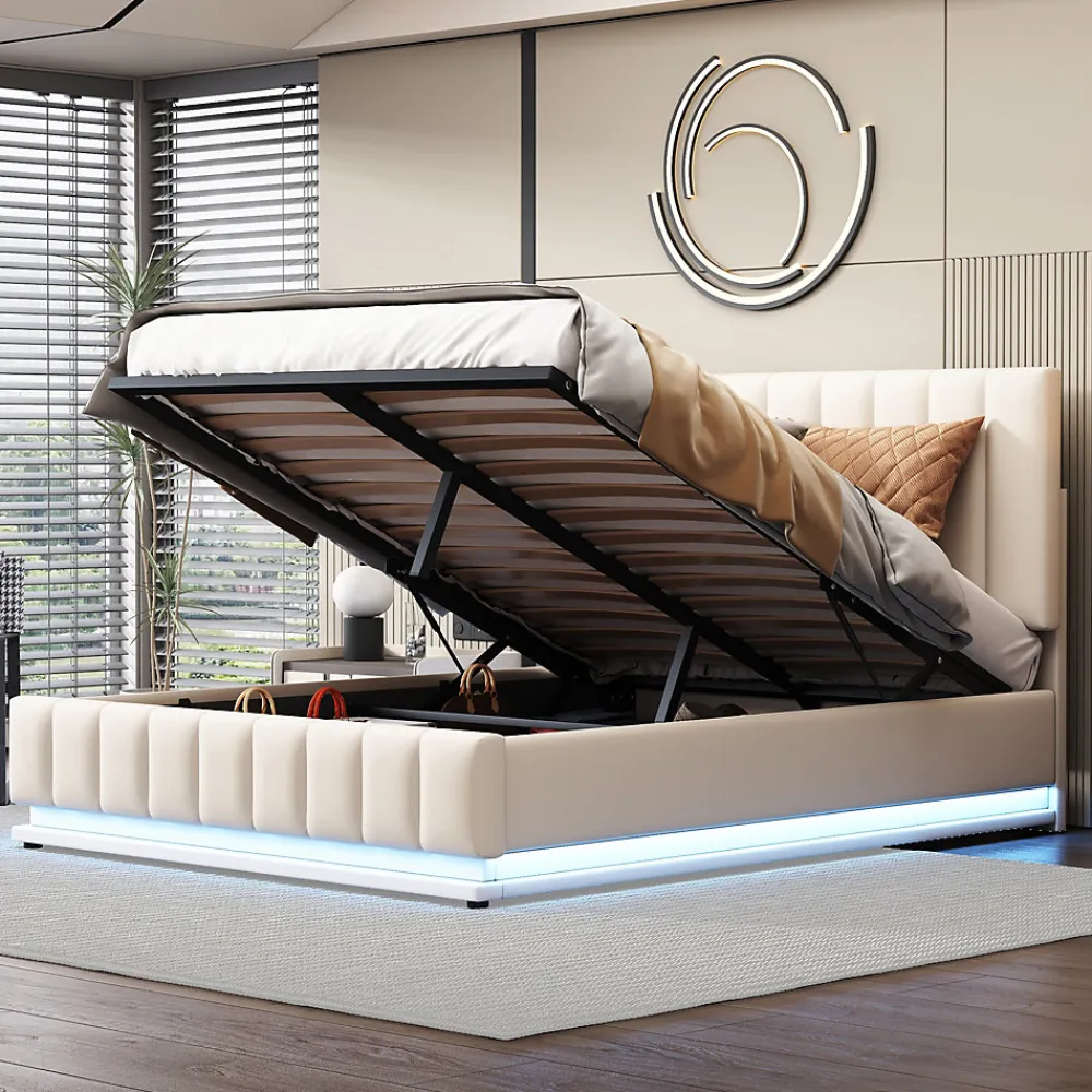 Lit 140x200 cm avec rangement hydraulique et éclairage LED, tapissé similicuir blanc, tête de lit réglable>Redom Outlet