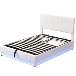 Lit 140x200 cm avec rangement hydraulique et éclairage LED, tapissé similicuir blanc, tête de lit réglable><noscript><img width=
