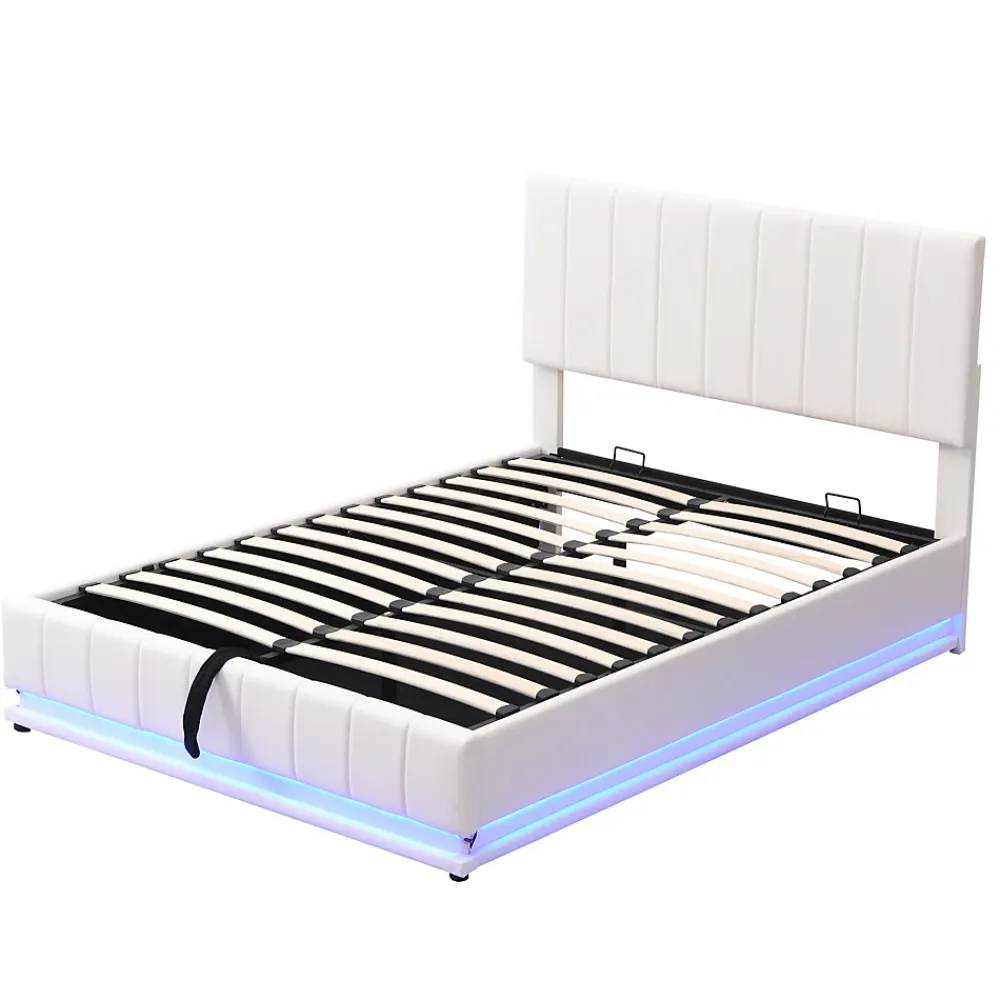 Lit 140x200 cm avec rangement hydraulique et éclairage LED, tapissé similicuir blanc, tête de lit réglable>Redom Outlet
