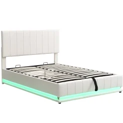 Lit 140x200 cm avec rangement hydraulique et éclairage LED, tapissé similicuir blanc, tête de lit réglable><noscript><img width=