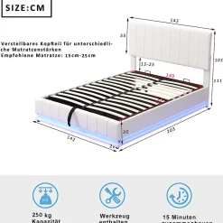 Lit 140x200 cm avec rangement hydraulique et éclairage LED, tapissé similicuir blanc, tête de lit réglable><noscript><img width=