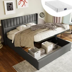 Lit 140x200 cm avec rangement hydraulique, tête de lit rembourrée en lin gris et cadre bois-métal élégant>Redom Sale
