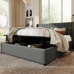 Lit 140x200 cm avec rangement hydraulique, tête de lit rembourrée en lin gris et cadre bois-métal élégant><noscript><img width=