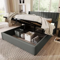 Lit 140x200 cm avec rangement hydraulique, tête de lit rembourrée en lin gris et cadre bois-métal élégant><noscript><img width=