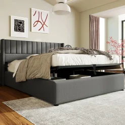 Lit 140x200 cm avec rangement hydraulique, tête de lit rembourrée en lin gris et cadre bois-métal élégant><noscript><img width=