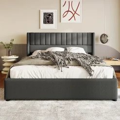 Lit 140x200 cm avec rangement hydraulique, tête de lit rembourrée en lin gris et cadre bois-métal élégant><noscript><img width=