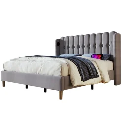 Lit 180x200 cm avec rangement integre et tete de lit tapissee en lin gris, station de charge USB et Type C>Redom Online