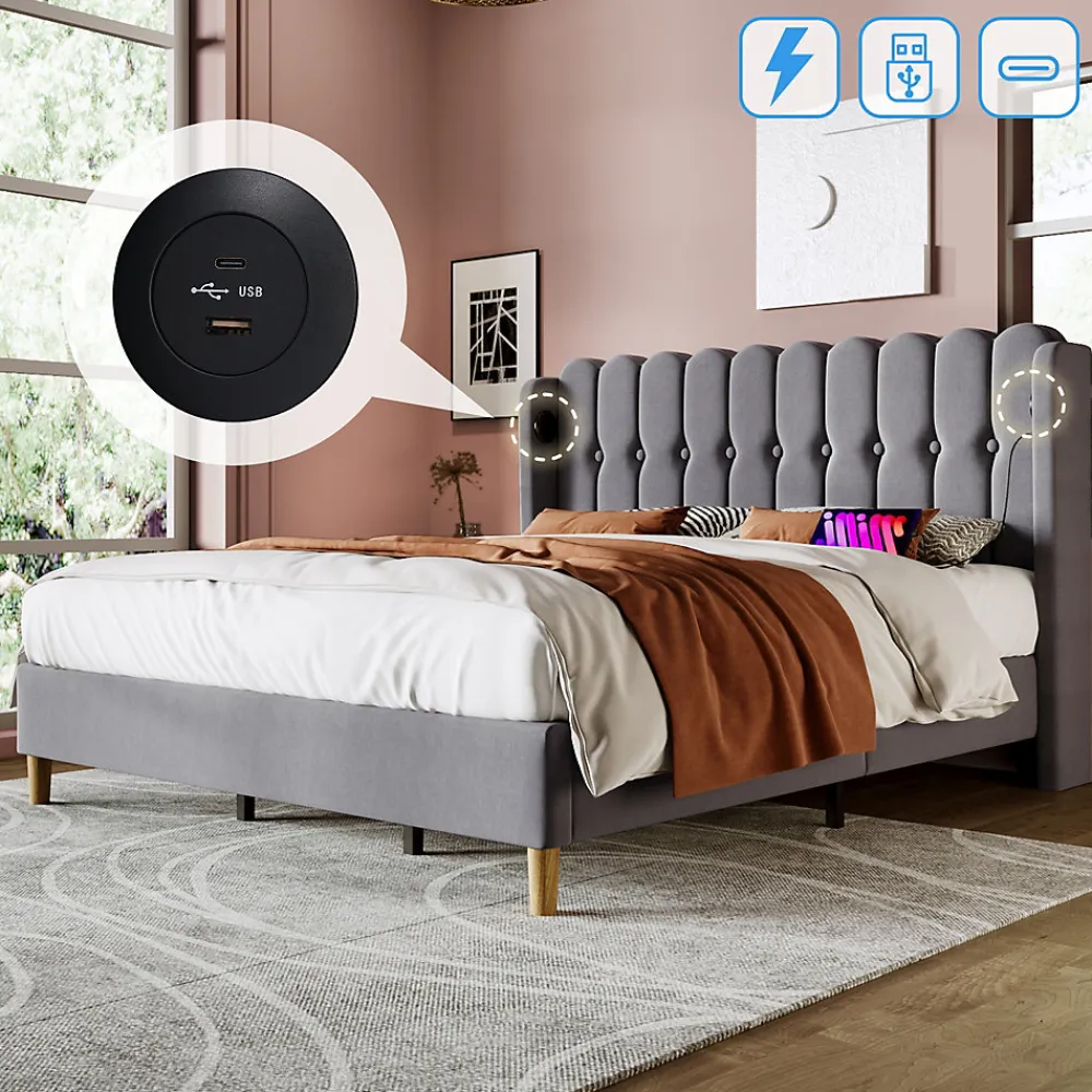 Lit 180x200 cm avec rangement integre et tete de lit tapissee en lin gris, station de charge USB et Type C>Redom Online