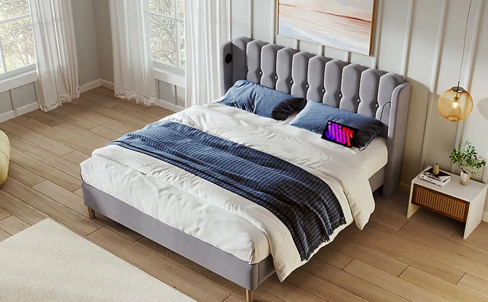Lit 180x200 cm avec rangement integre et tete de lit tapissee en lin gris, station de charge USB et Type C>Redom Online