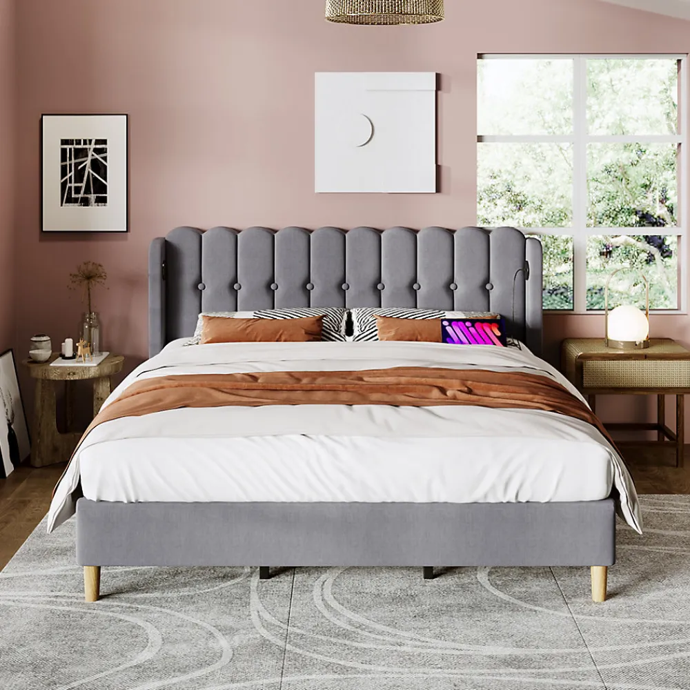Lit 180x200 cm avec rangement integre et tete de lit tapissee en lin gris, station de charge USB et Type C>Redom Online
