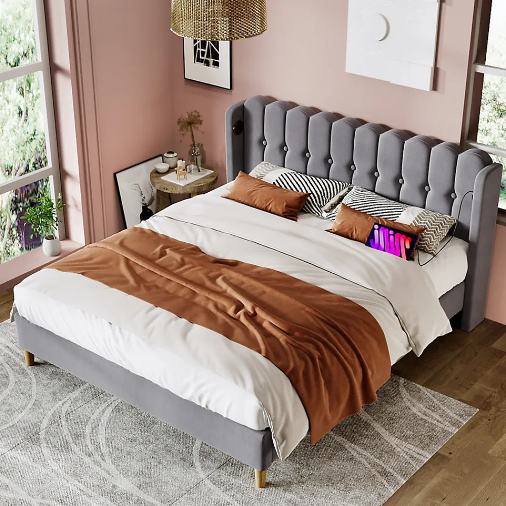 Lit 180x200 cm avec rangement integre et tete de lit tapissee en lin gris, station de charge USB et Type C>Redom Online