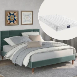 Lit 140x200 cm avec rangement sous-lit et tête de lit capitonnée en velours vert, cadre bois massif>Redom Hot
