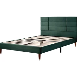 Lit 140x200 cm avec rangement sous-lit et tête de lit capitonnée en velours vert, cadre bois massif><noscript><img width=