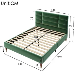 Lit 140x200 cm avec rangement sous-lit et tête de lit capitonnée en velours vert, cadre bois massif><noscript><img width=