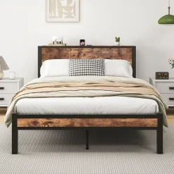 Redom Lit 140x200 cm avec rangement sous-lit 27 cm, cadre métal et MDF, coloris brun antique, silencieux* Ensemble Sommier Et Matelas