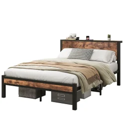 Redom Lit 140x200 cm avec rangement sous-lit 27 cm, cadre métal et MDF, coloris brun antique, silencieux* Ensemble Sommier Et Matelas