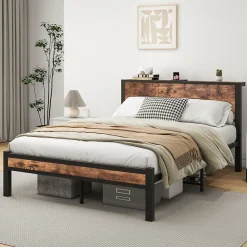 Redom Lit 140x200 cm avec rangement sous-lit 27 cm, cadre métal et MDF, coloris brun antique, silencieux* Ensemble Sommier Et Matelas