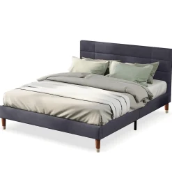 Lit 140x200 cm avec rangement sous-lit et tête de lit rembourrée en lin gris, cadre bois massif>Redom New