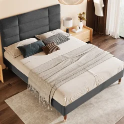 Lit 140x200 cm avec rangement sous-lit et tête de lit rembourrée en lin gris, cadre bois massif>Redom New