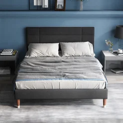 Lit 140x200 cm avec rangement sous-lit et tête de lit rembourrée en lin gris, cadre bois massif><noscript><img width=