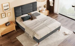 Lit 140x200 cm avec rangement sous-lit et tête de lit rembourrée en lin gris, cadre bois massif><noscript><img width=